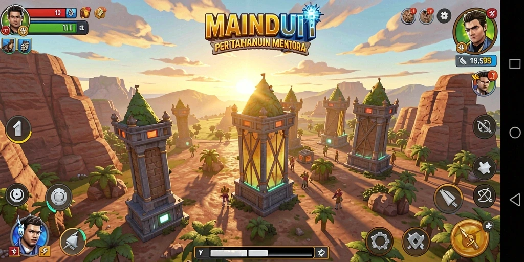 Tampilan gameplay MAINDUIT menampilkan strategi pertahanan menara yang mendebarkan.